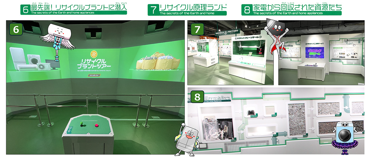 6)最先端！リサイクルプラントに潜入　7)リサイクル原理ランド　8)家電から回収された資源たち
